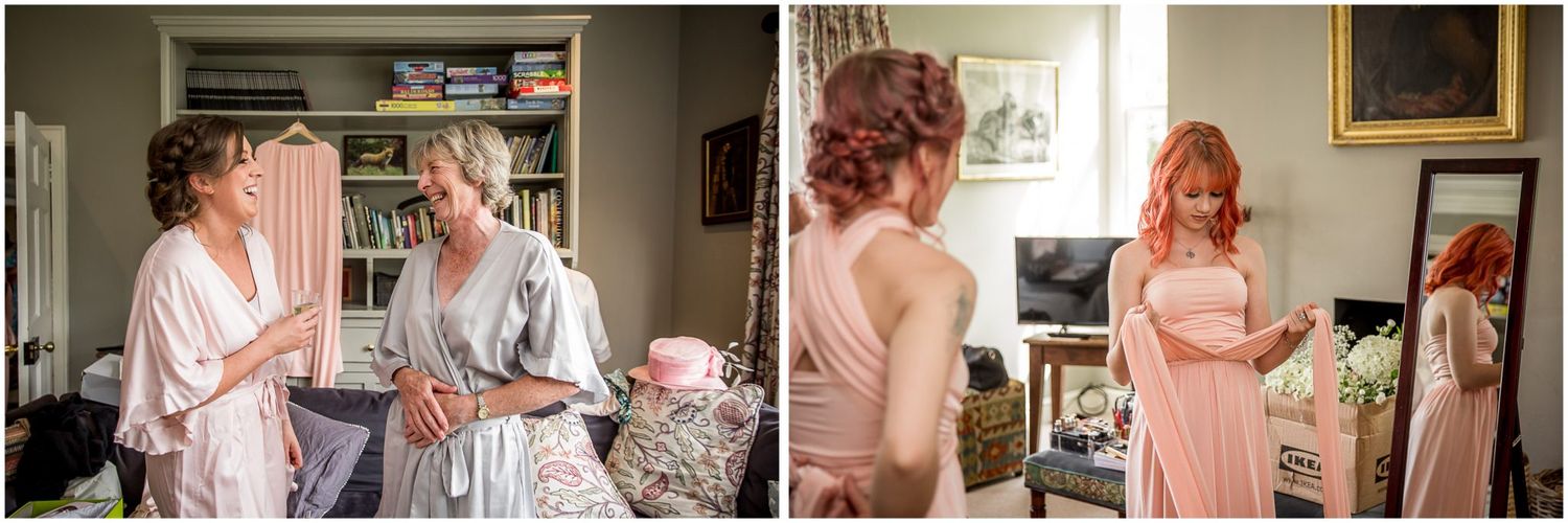 A series of getting ready photos showing makeup application and preparation in a light-filled room.