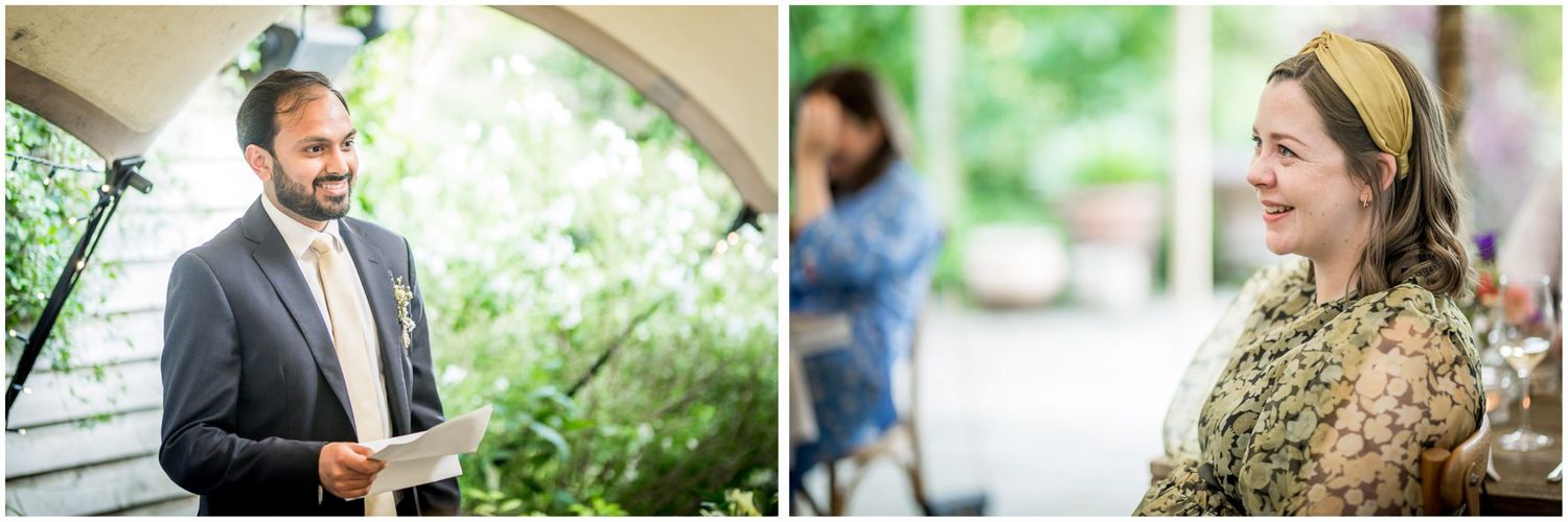 Wedding guests mingle and celebrate during an outdoor garden reception.