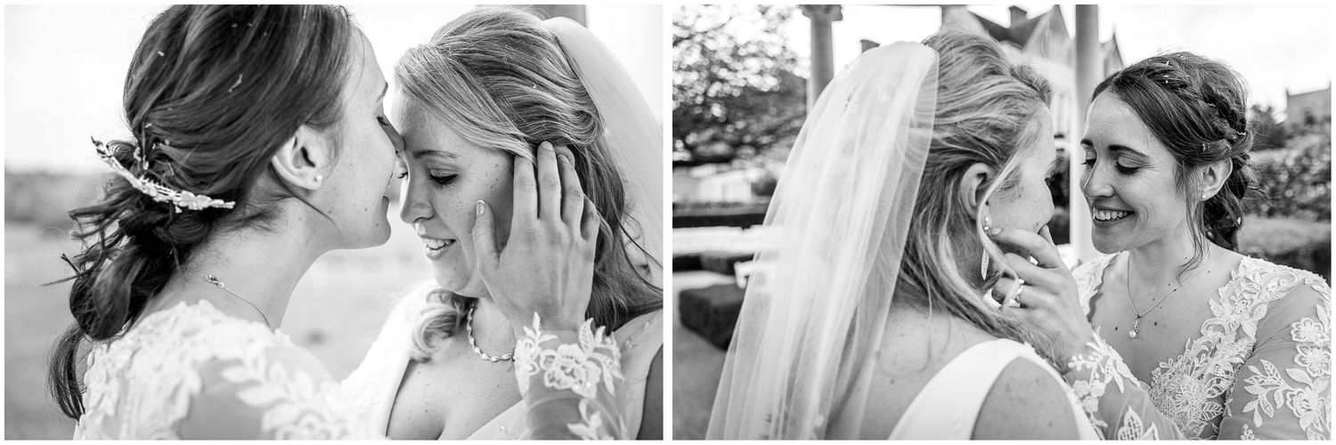 Tender moments between newlyweds captured in romantic black and white photography.