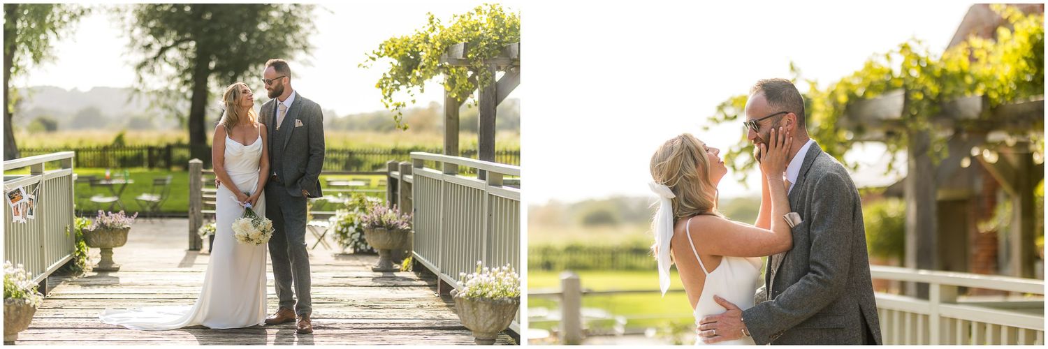 Wedding photography sequence showing couple's romantic interactions on garden pathways.