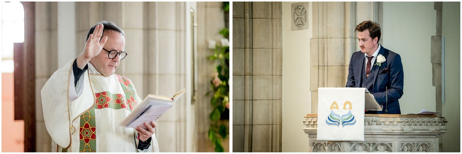 A priest in traditional robes reads from a book during a religious ceremony.