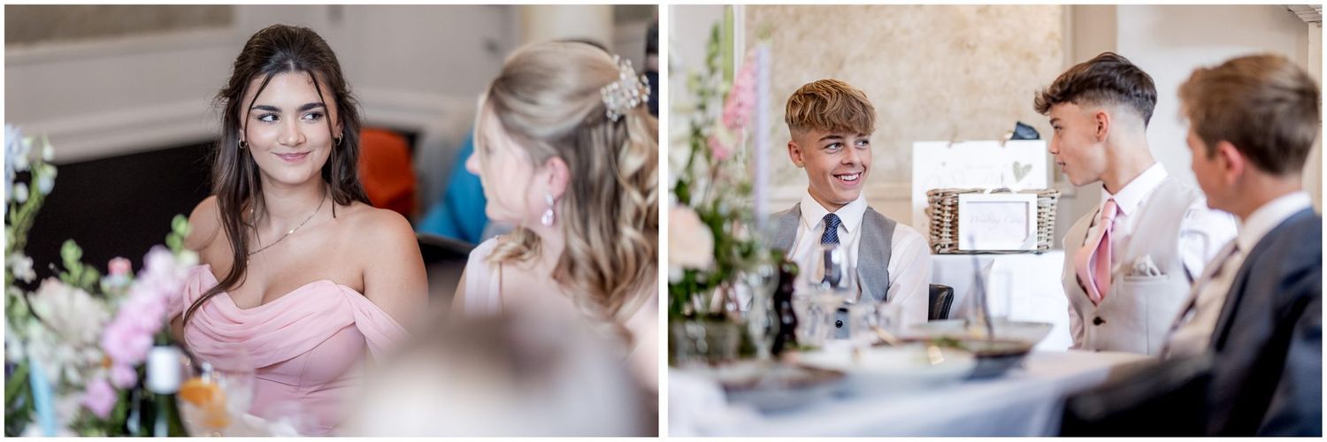 Natural light photography of wedding guests interacting during daytime reception.