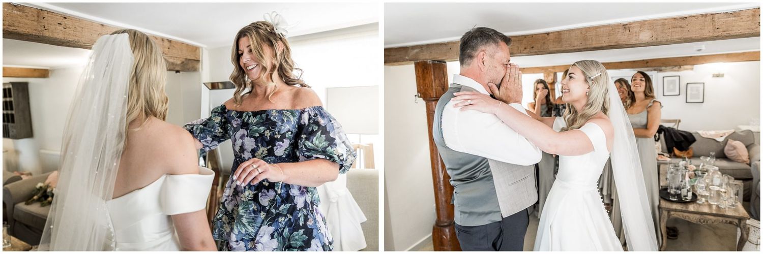 Candid moments of wedding preparations with bridesmaids in matching dresses.