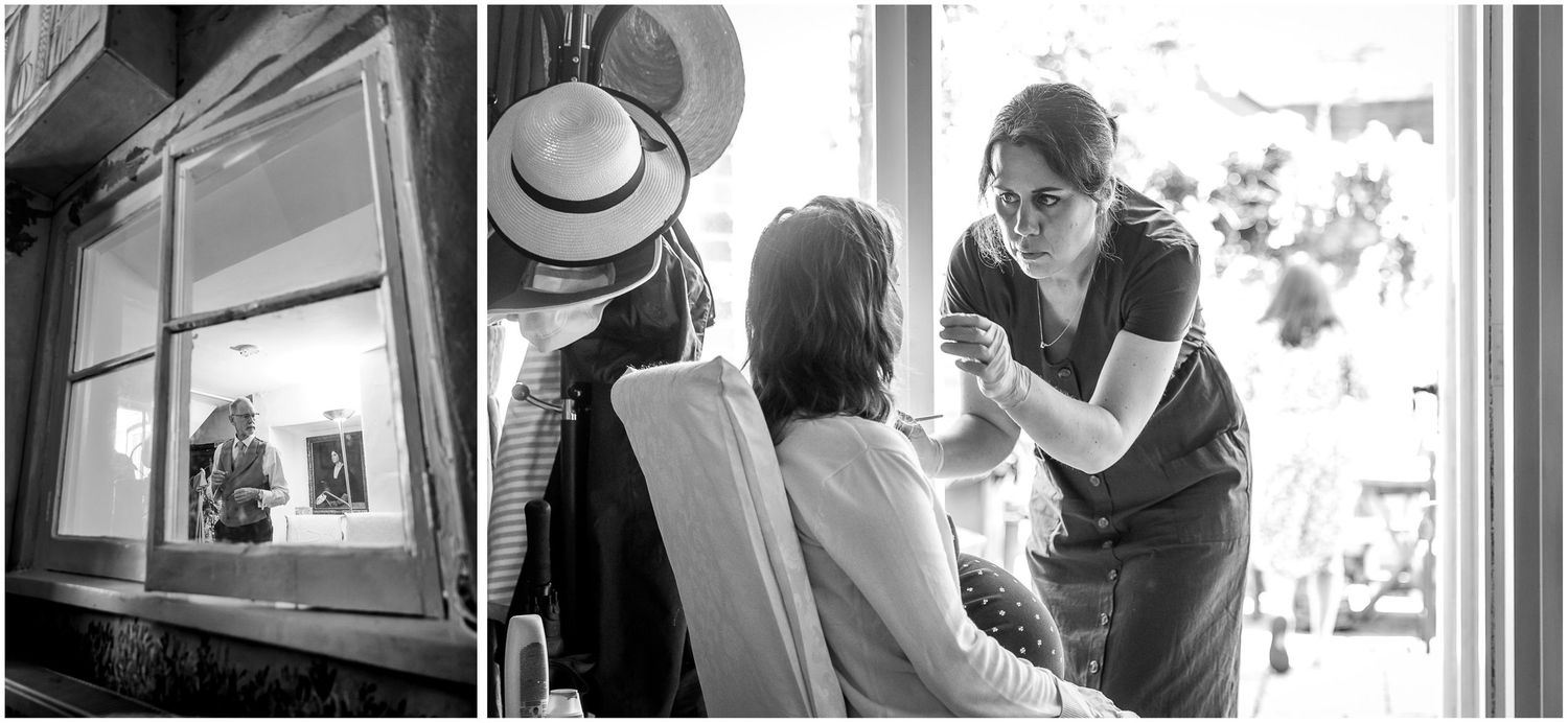 Black and white photo series showing wedding day preparation moments in an indoor setting.