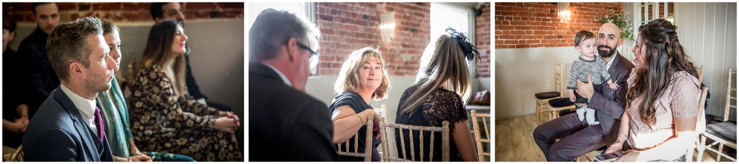 Series of candid moments from wedding reception in rustic brick venue.