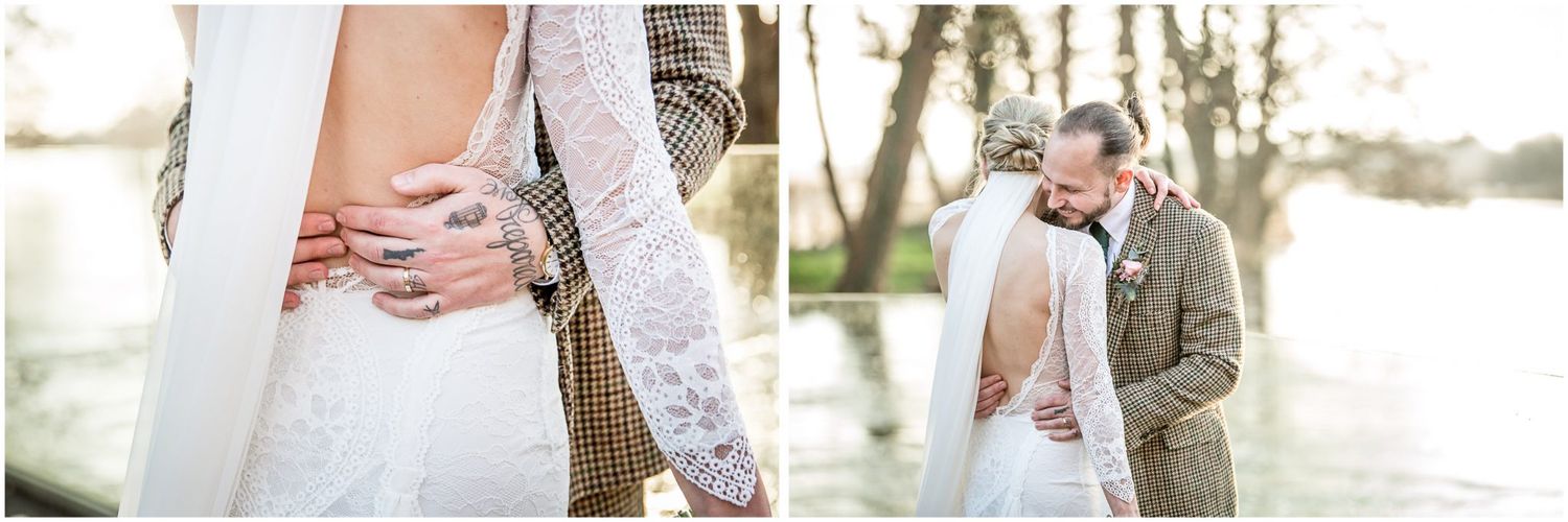 Elegant wedding portraits taken in natural sunlight with water and trees in background.