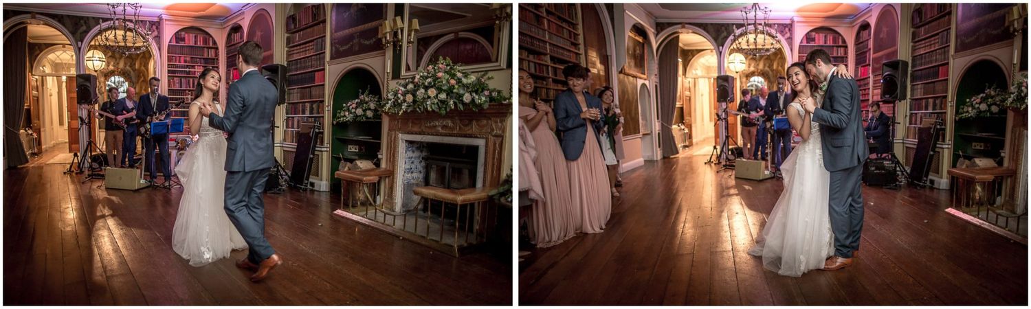 Romantic evening reception with warm lighting and dancing couples.