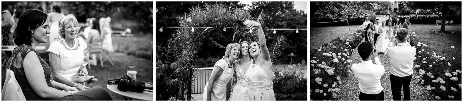 A series of black and white wedding photographs arranged in a horizontal filmstrip showing candid moments and celebrations.