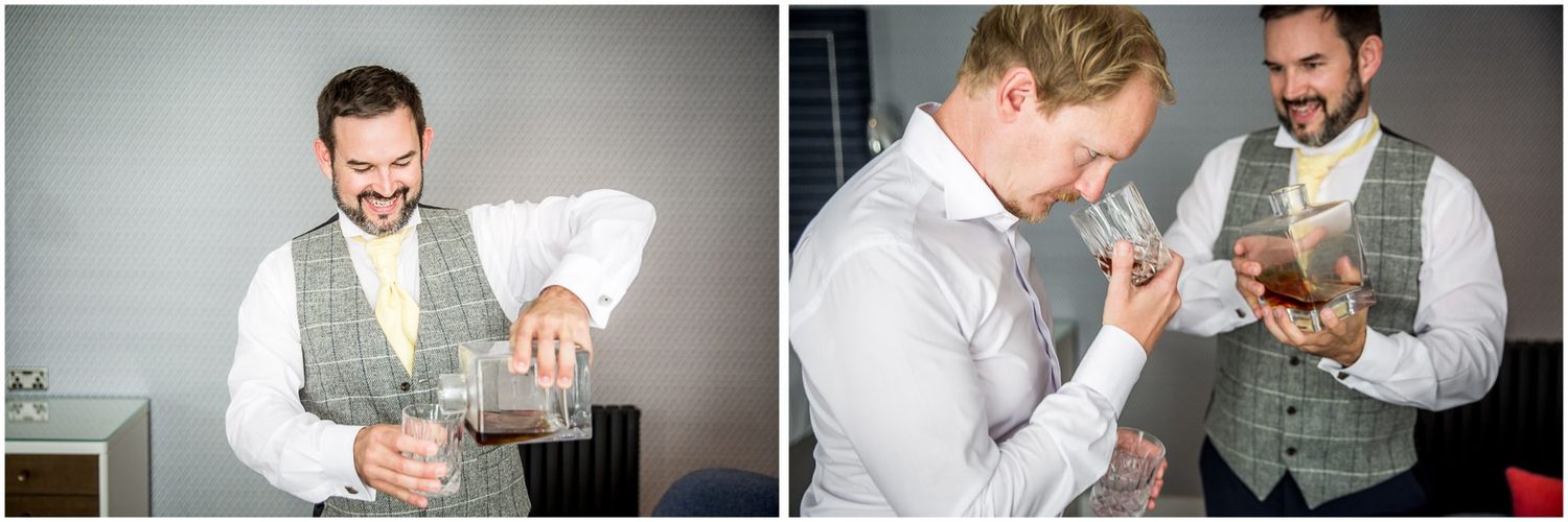 Two side-by-side photos show someone in a gray vest examining papers and pouring drinks at an indoor event.