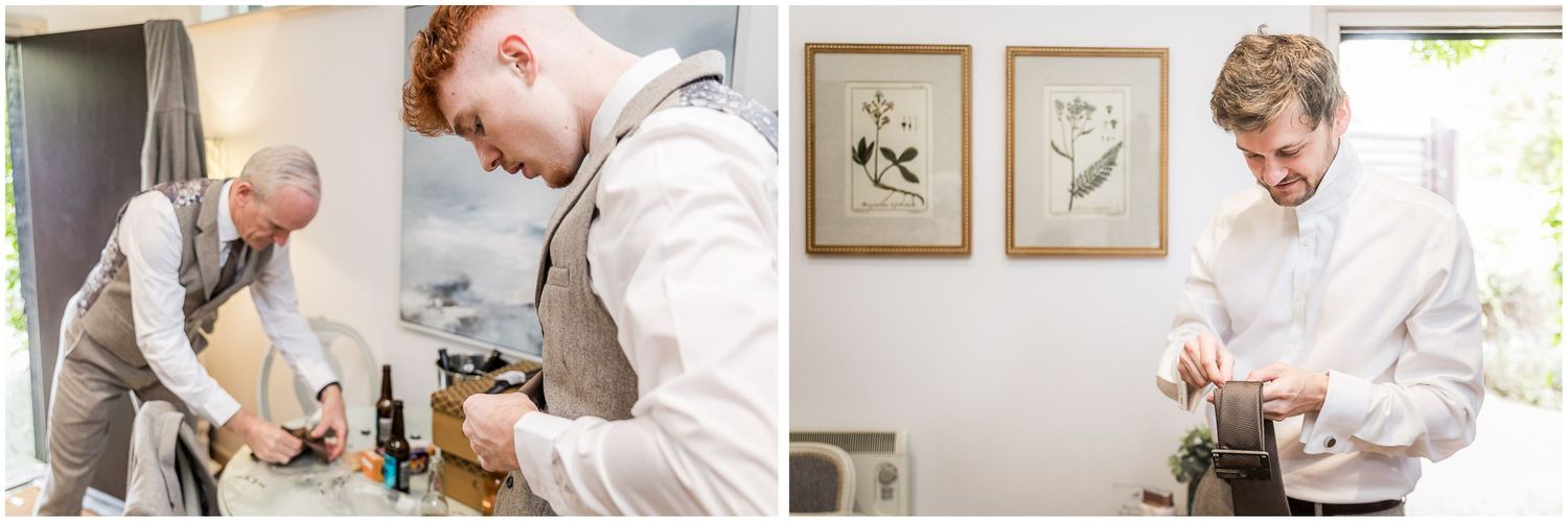 Groom and groomsmen getting ready in one of the preparation rooms at Clock Barn in Hampshire