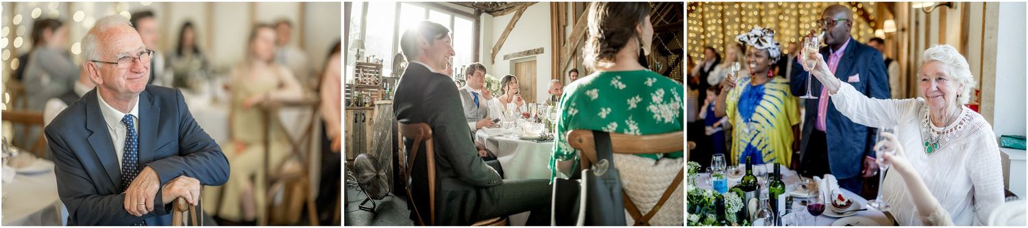 Joyful celebration moments captured during wedding reception with guests interacting.