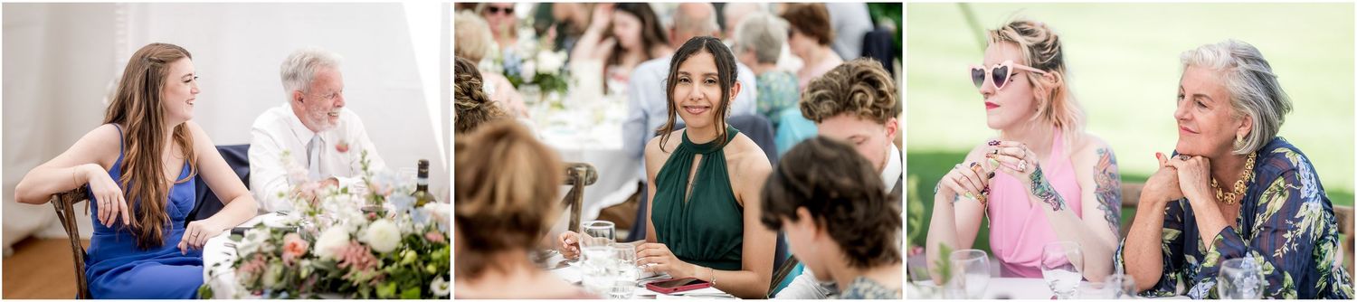 Wedding guests enjoying a sunny outdoor celebration with drinks and laughter.