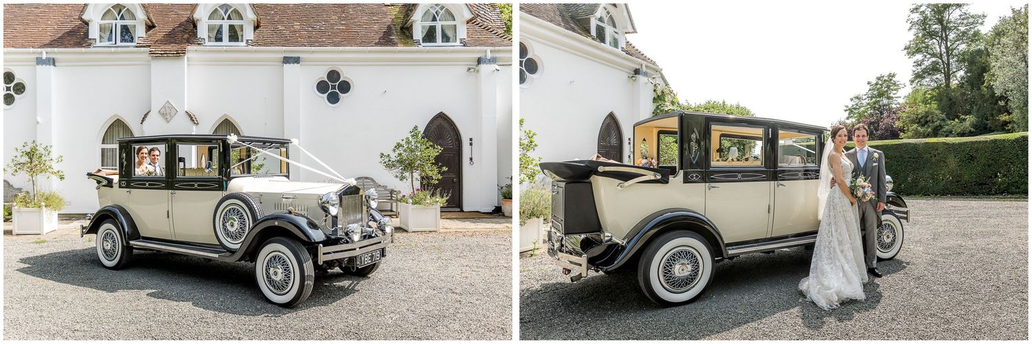 Classic vintage Rolls Royce wedding car parked outside historic building with elegant details.