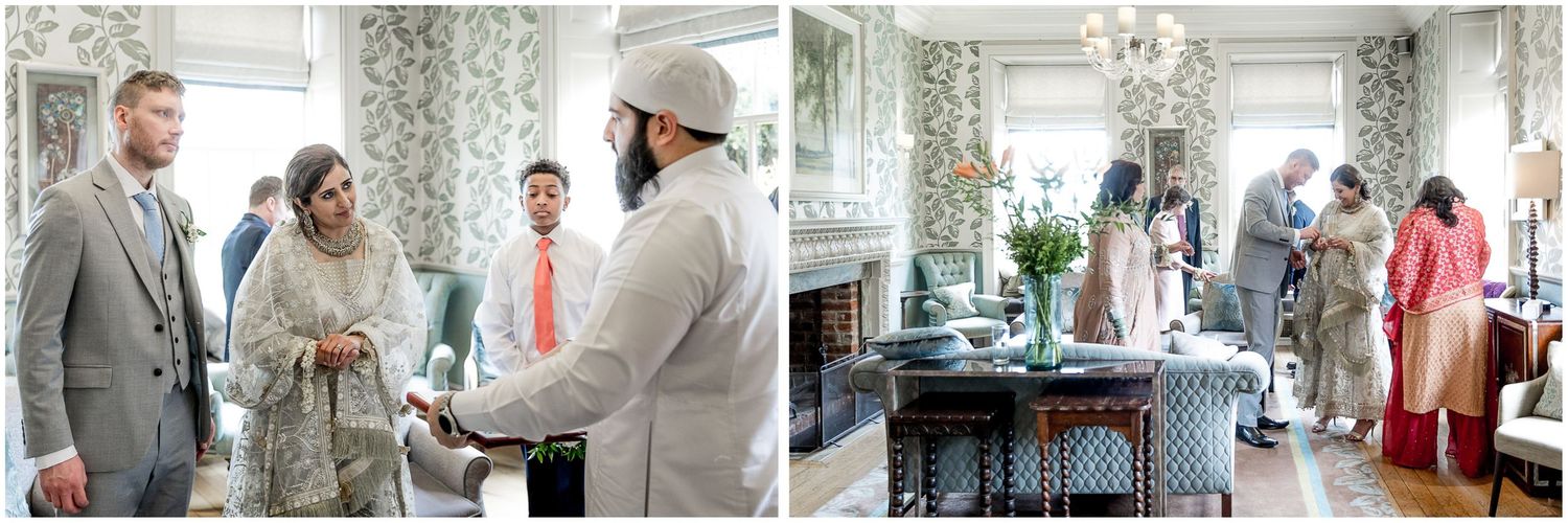 Panoramic series of wedding moments in a beautifully decorated room with natural lighting.
