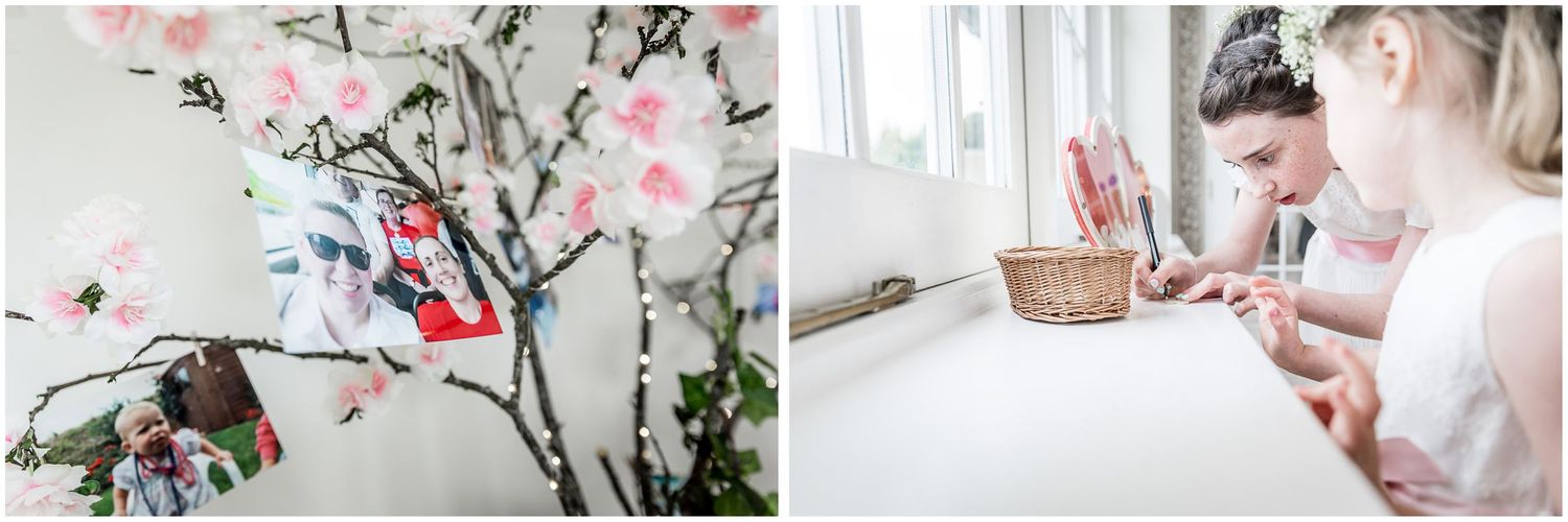 Close-up shots of pink cherry blossoms and delicate floral arrangements at an elegant wedding celebration.