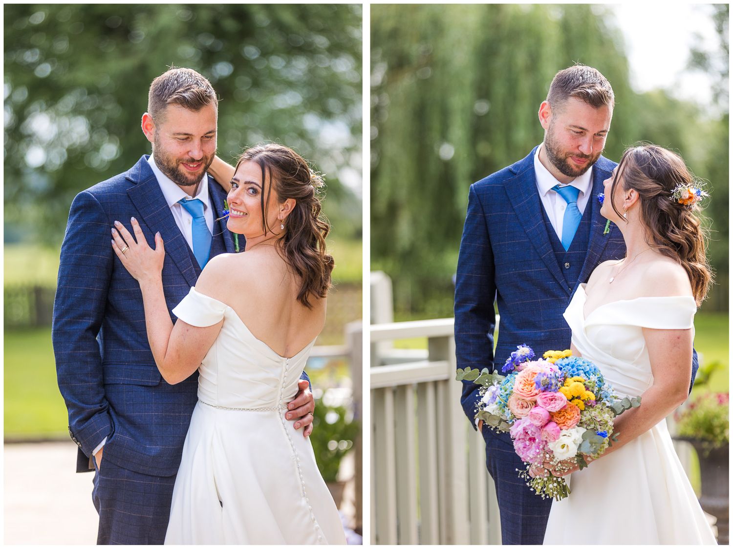 Couple portraits with bride and groom on the bridge at Sopley Mill