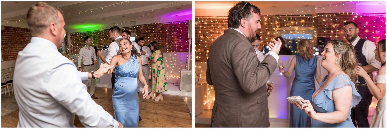 Guests dancing and celebrating during an evening reception at Sopley Mill, New Forest wedding venue