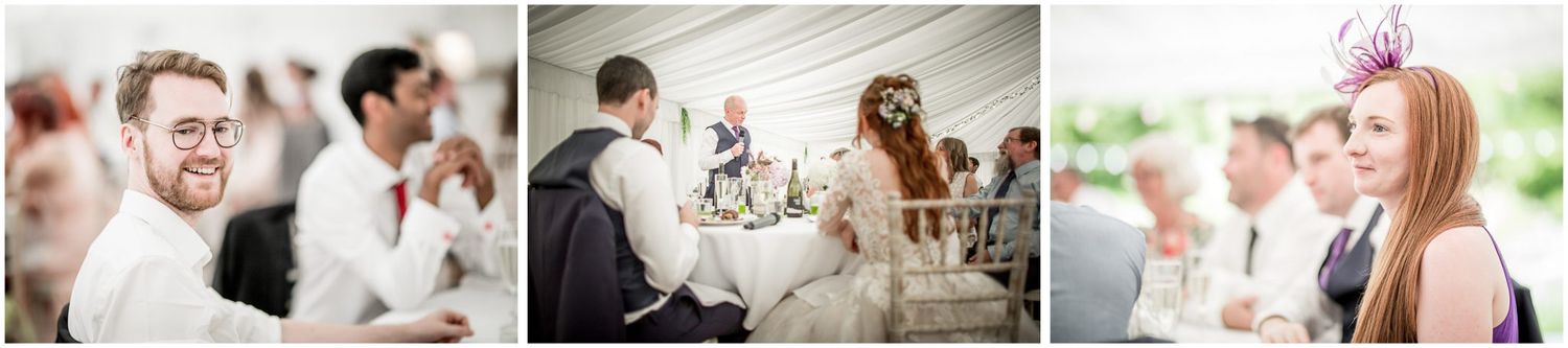 Wedding guests enjoying a reception celebration with candid moments captured across three elegant party scenes.