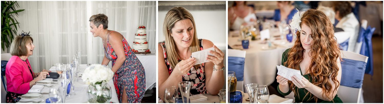 A collection of elegant wedding reception photos showing table settings, champagne toasts and decorative details.