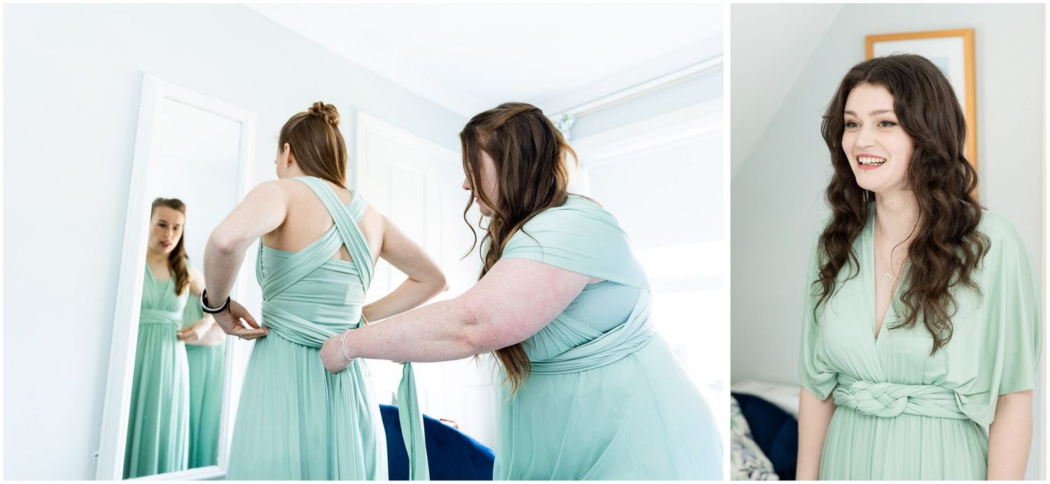 Wedding party members in mint green dresses preparing for the celebration.