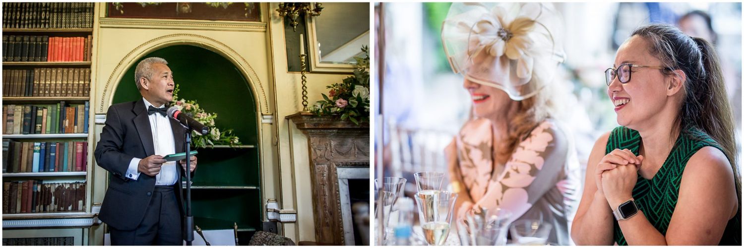 Candid moments of wedding guests socializing in an ornate library setting with elegant chandeliers.