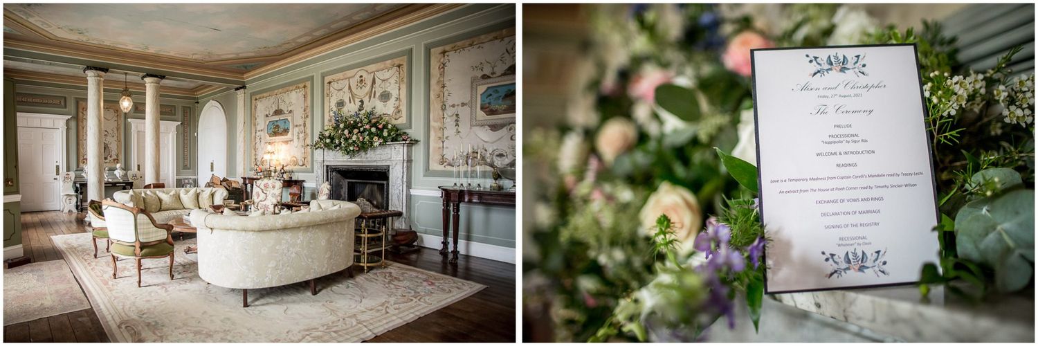 Wedding reception venue with elegant table settings, floral centerpieces and classic decor.
