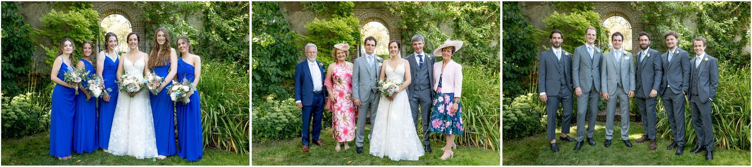 A collection of outdoor wedding photos showing a couple and guests celebrating on a sunny day.