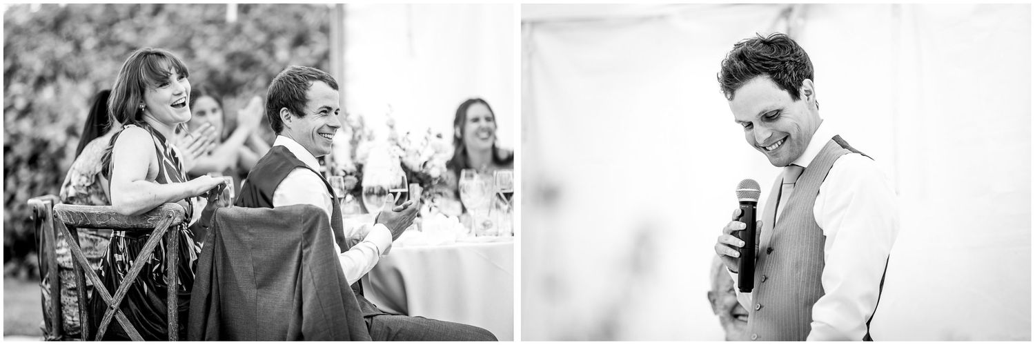 Black and white photographs capturing emotional moments during a wedding celebration.