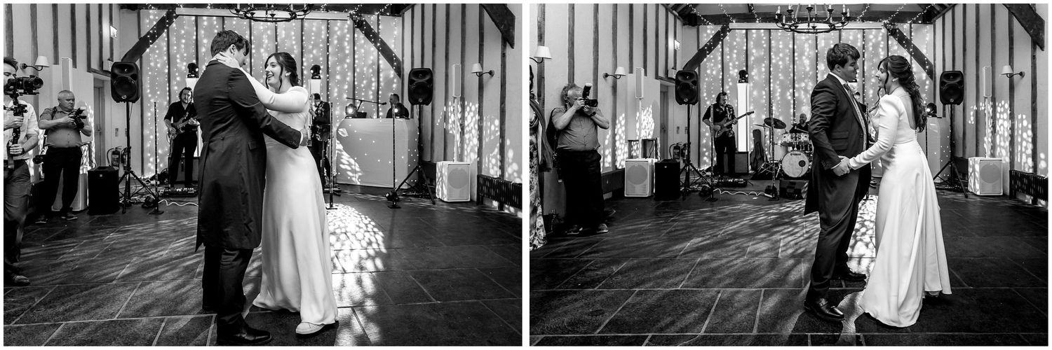 Black and white photos of a wedding ceremony in a traditional barn setting.