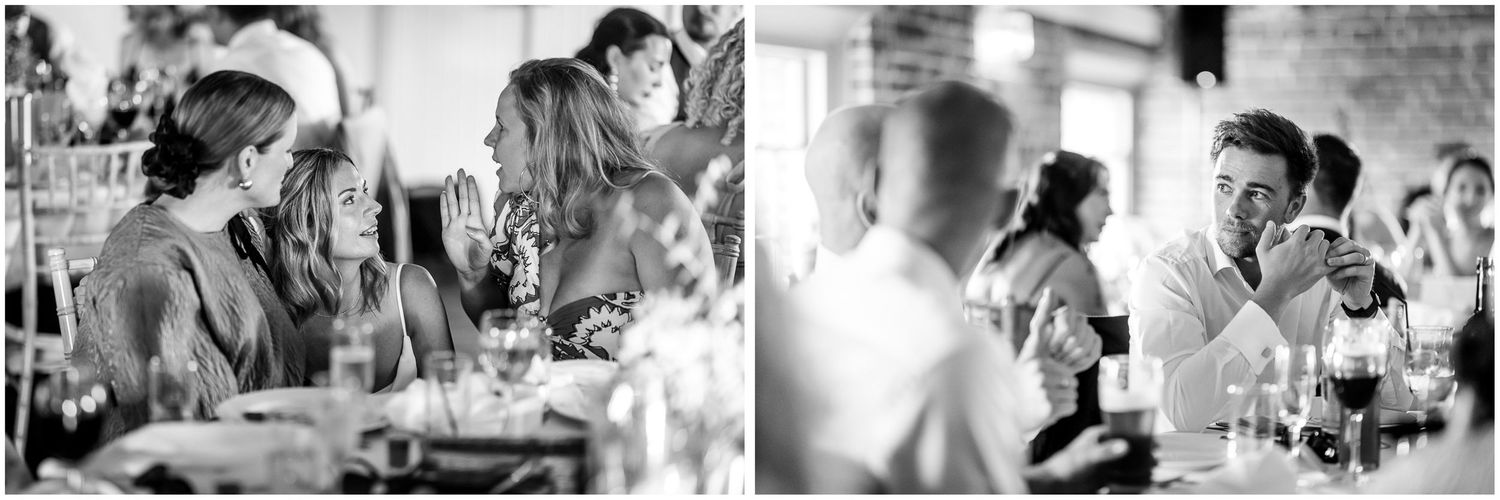 Black and white candid shots of wedding reception moments.