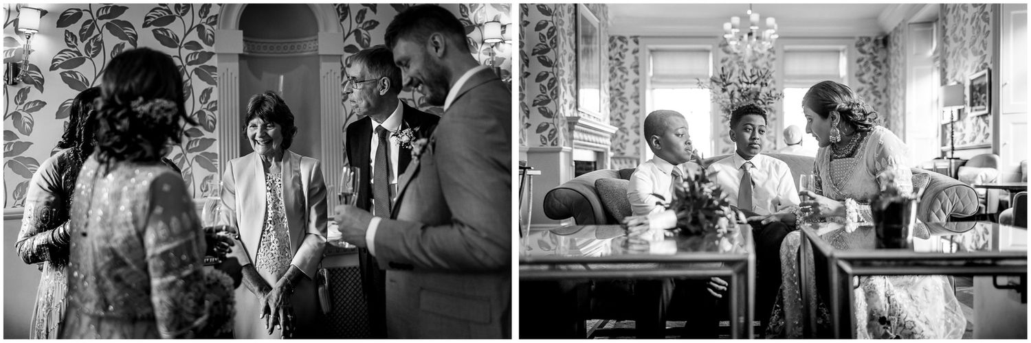 Black and white wedding photos showing intimate moments and celebrations inside an elegant venue.