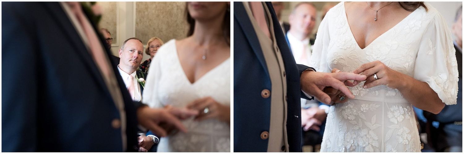 Close-up shots of wedding ceremony moments in an indoor venue.
