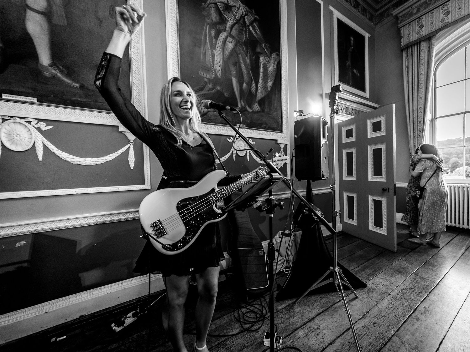 Black and white wedding photography of the band at a Milton Abbey wedding reception