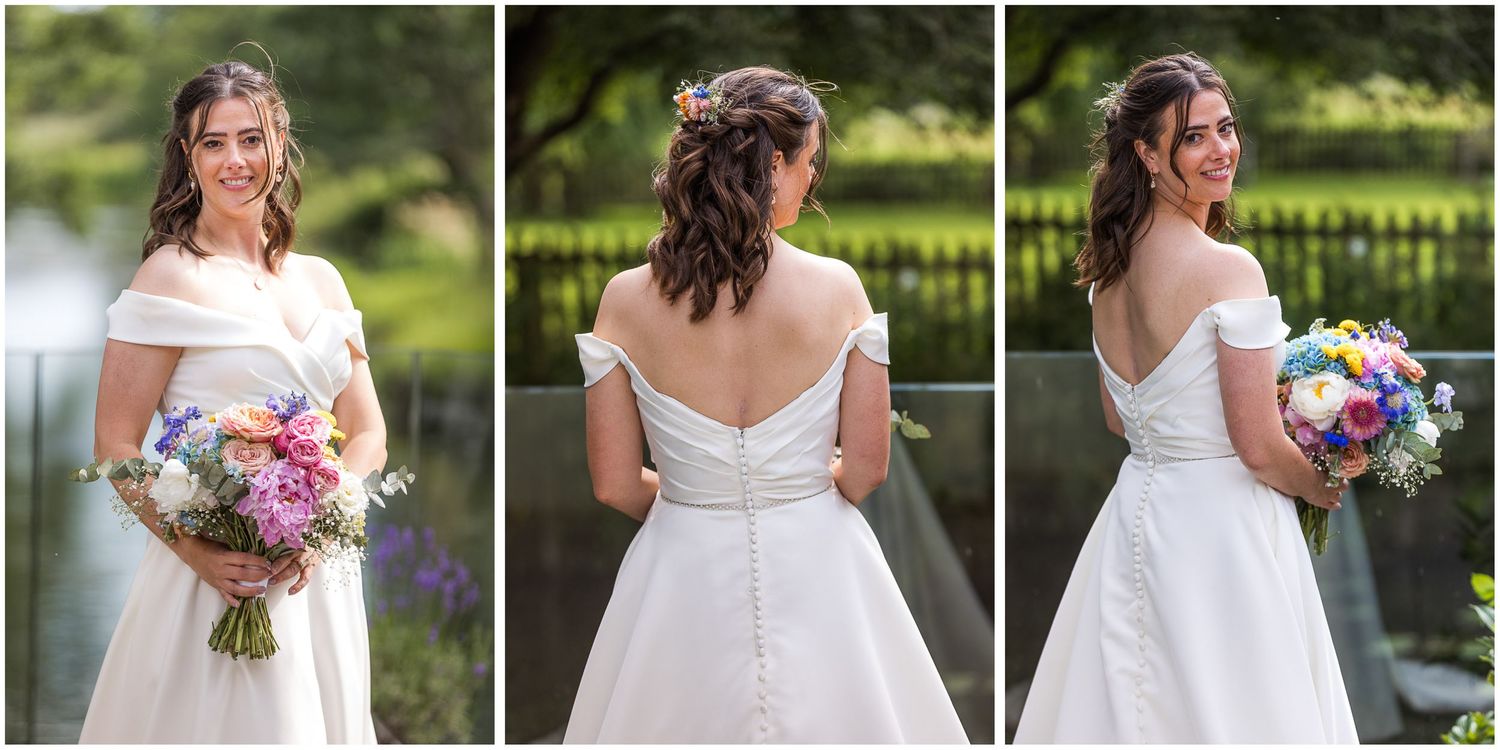 Bride wedding portrait photographs by the river at Sopley Mill in Hampshire