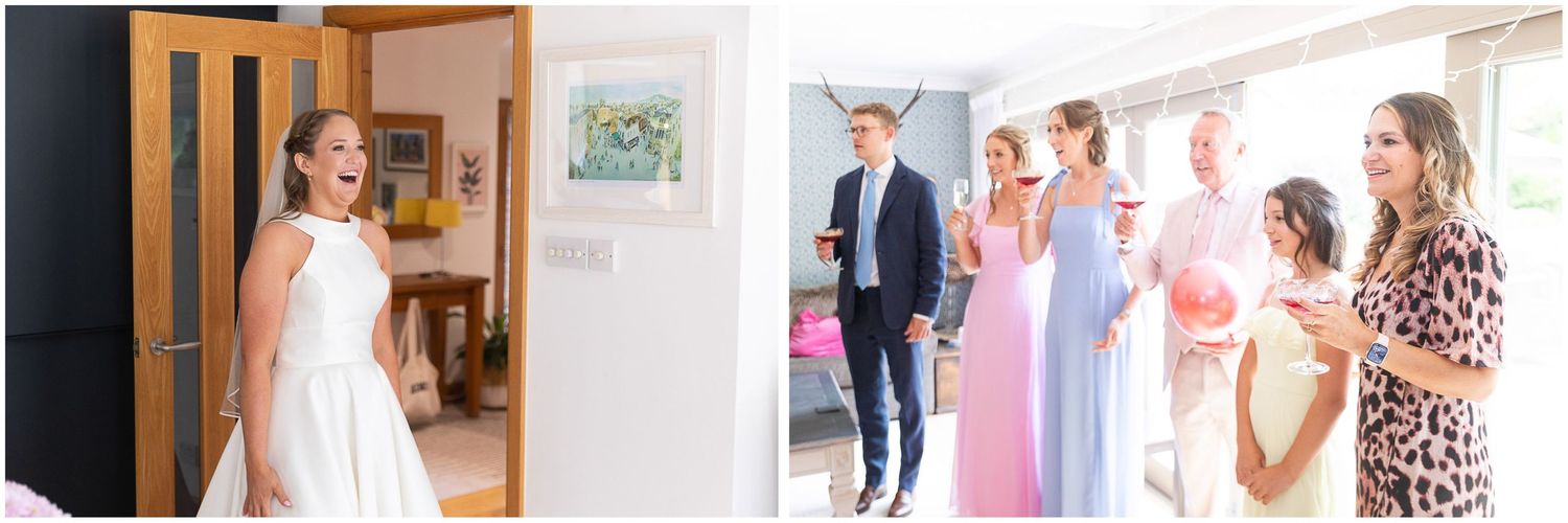 The bride's family see her in her wedding dress for the first time.