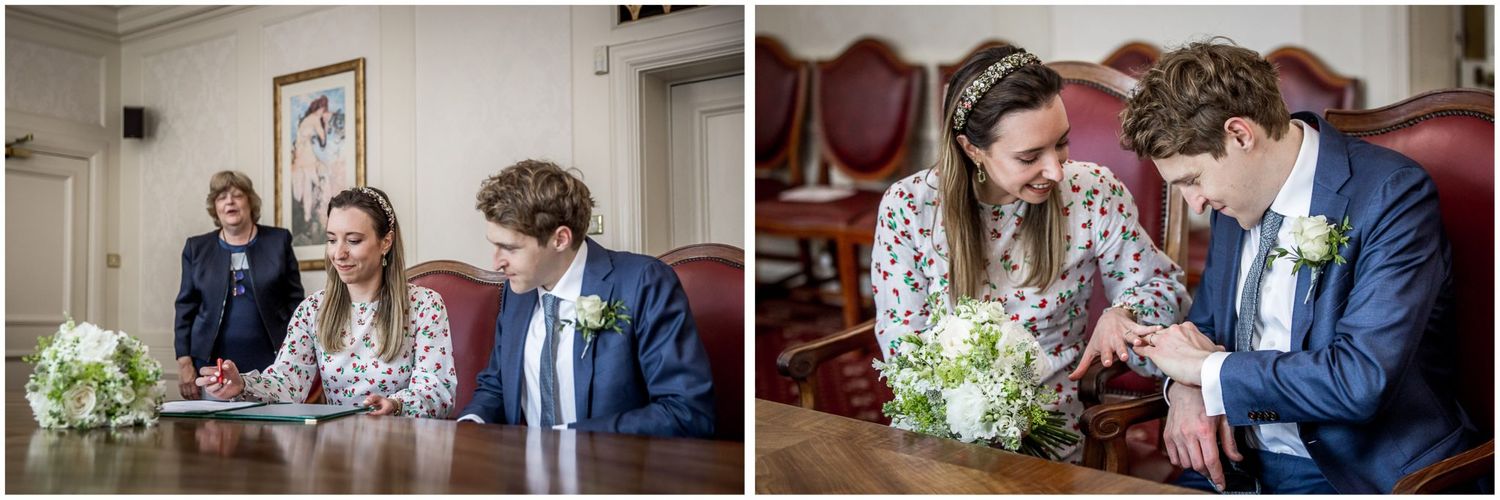 Collection of candid ceremony moments showing floral dress details and formal attire.