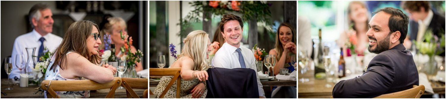 Intimate wedding reception moments captured at decorated outdoor dining tables.