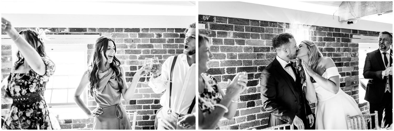 Black and white wedding reception photos showing joyful moments against brick wall backdrop.