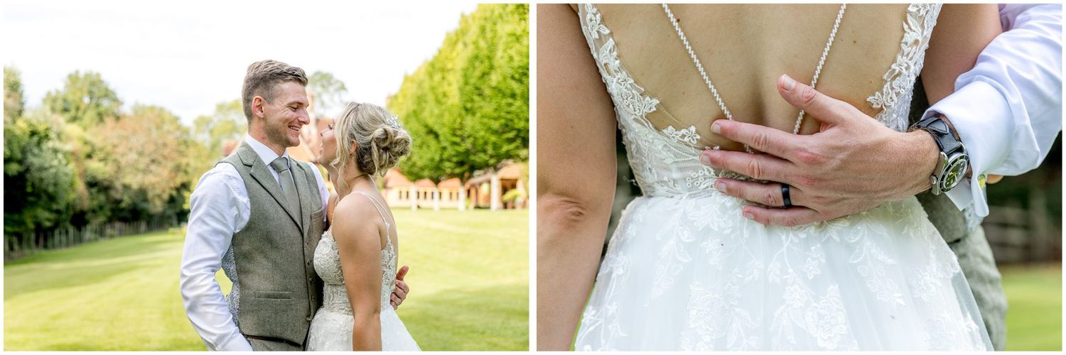 Romantic wedding couple embraces in a sunlit garden setting during their special day.