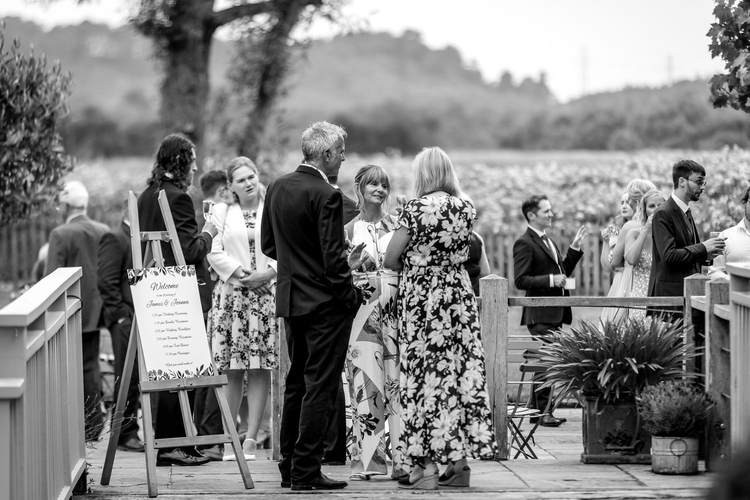 Wedding guests enjoying an outdoor reception on a sunny day with rolling hills in the background.