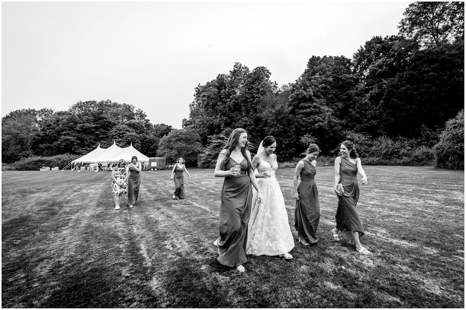 Wedding party walks across a scenic field with trees in the background.