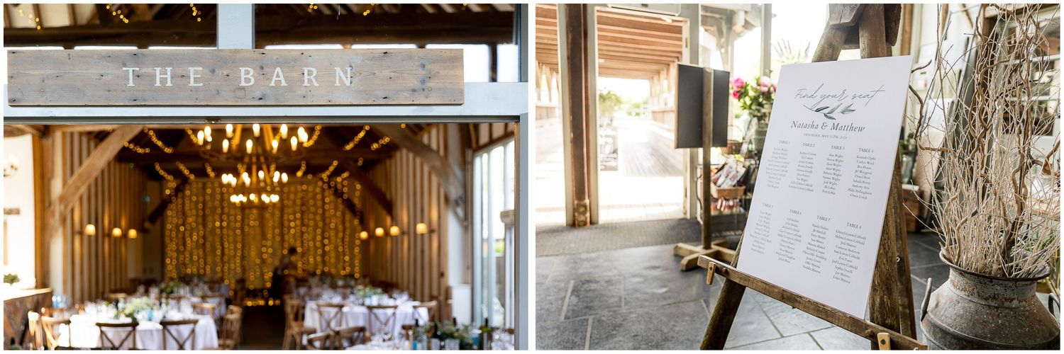 Wedding venue entrance and seating chart display at rustic barn location.