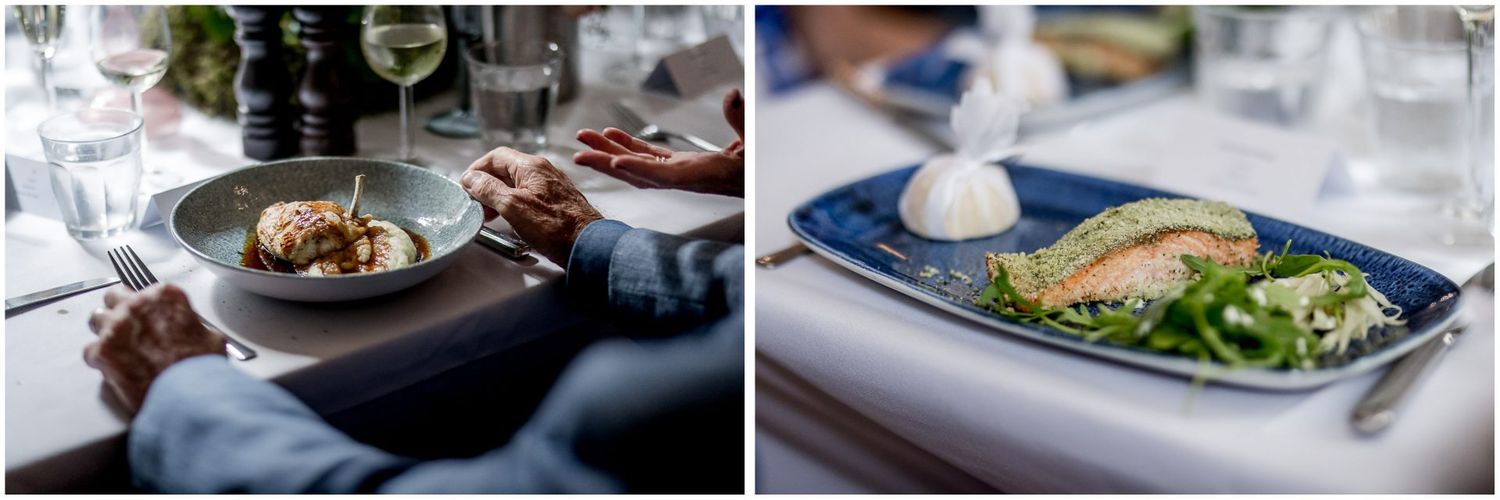 Elegant wedding reception table settings with wine glasses and gourmet plated meals.