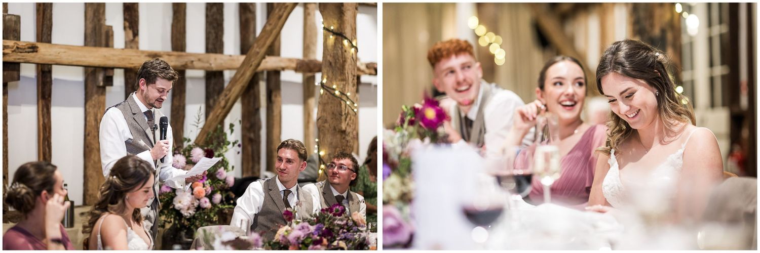 Documentary wedding photography with a bride reacting to the speeches.
