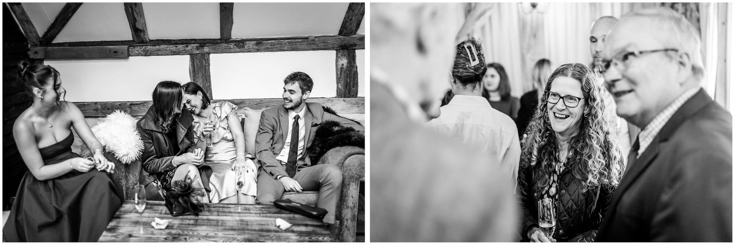 Black and white candid wedding guest photography at Clock Barn