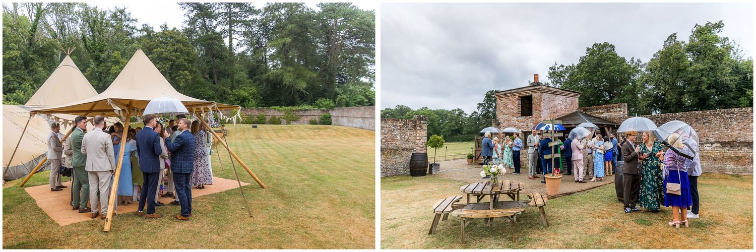 Wedding guests mingle in the walled garden of the Holywell Estate before the start of the ceremony.