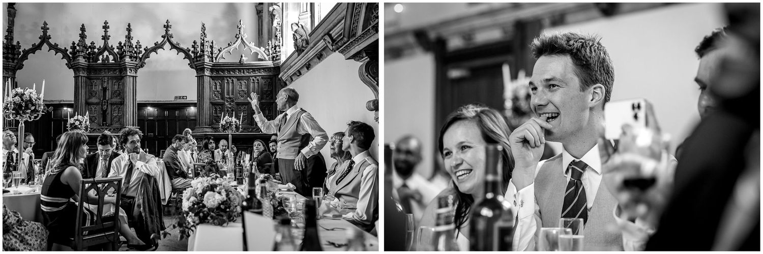 Wedding guests gathered in an ornate venue with gothic architectural details during a celebration.
