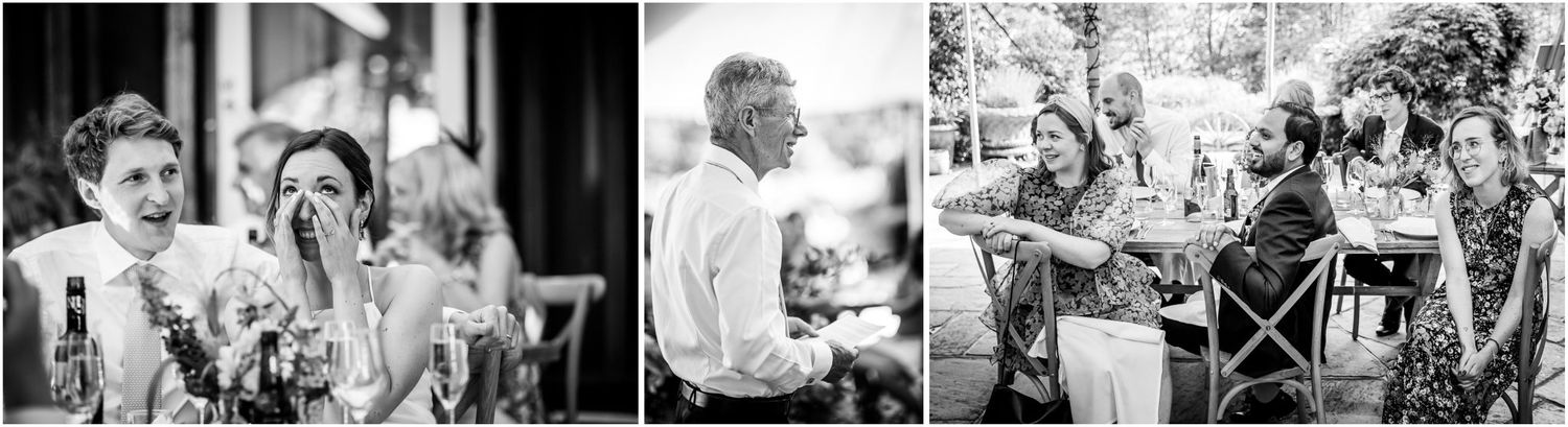 Artistic black and white photos showing guests interacting at an elegant outdoor celebration.