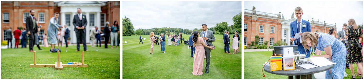 Wedding celebration with guests enjoying outdoor activities on the lawn of a stately manor house.