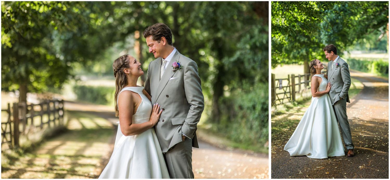 Couple portraits on the tree-lined driveway by Winchester wedding photographer Stephen Duncan